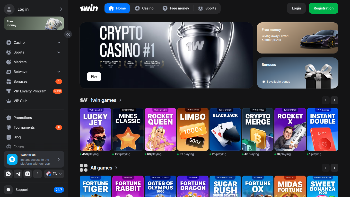1win Casino homepage — desktop