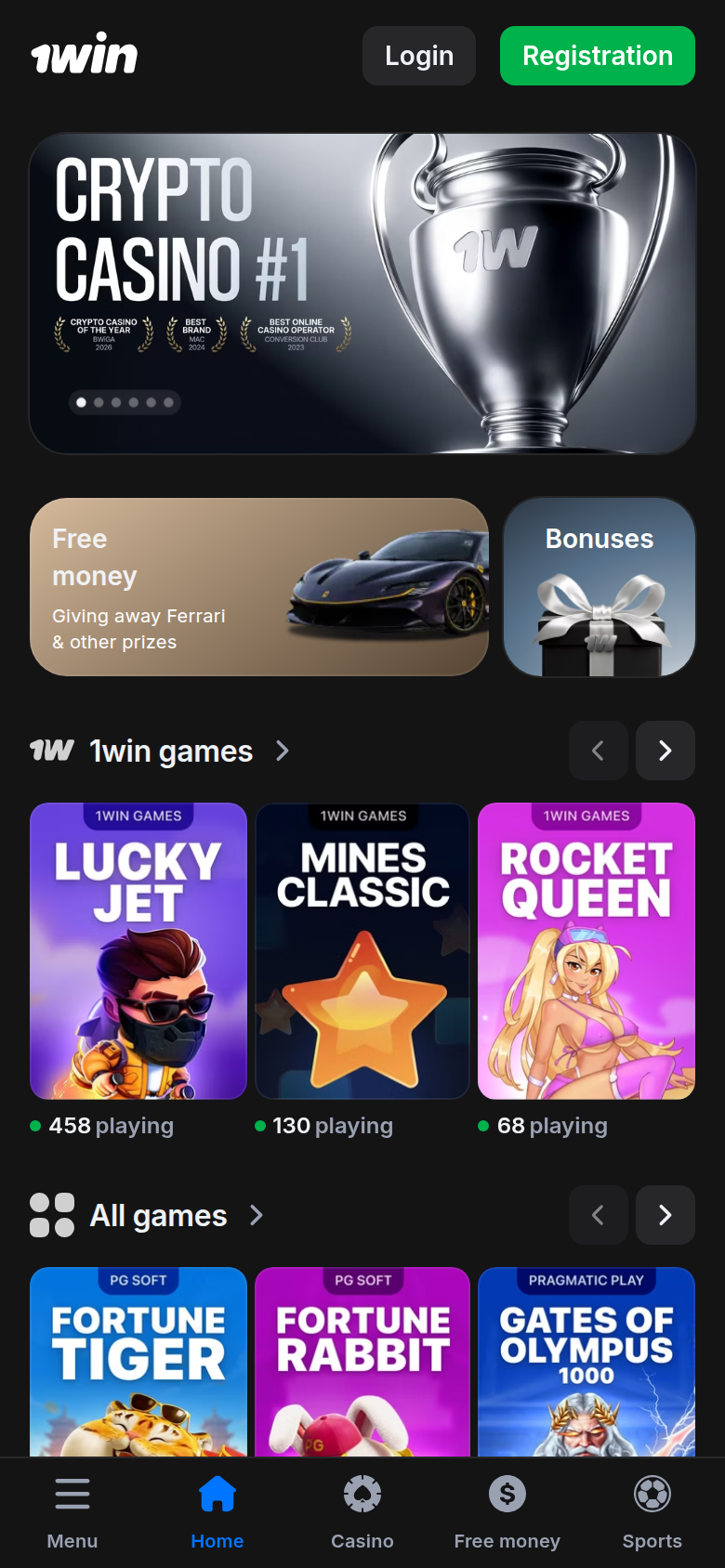 1win Casino homepage — mobile
