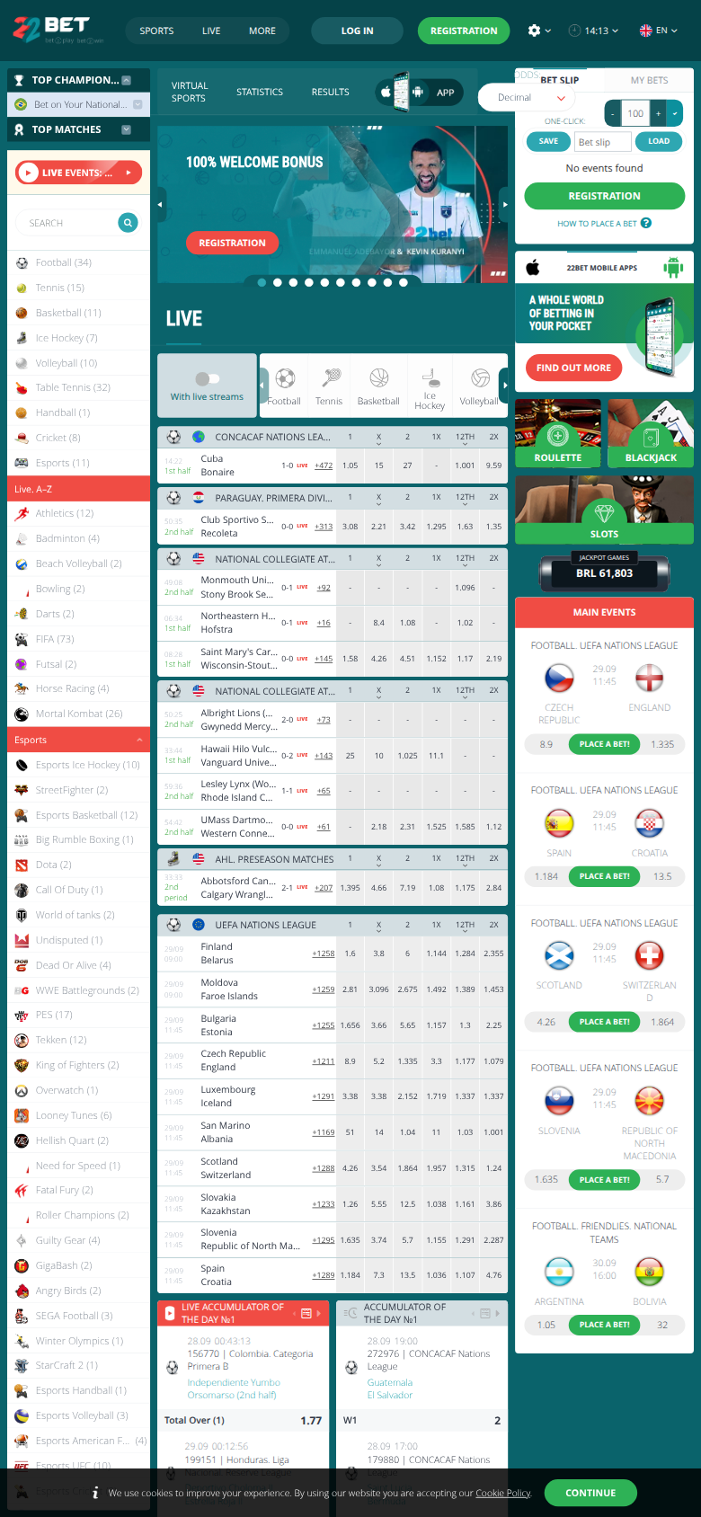 22 Bet Casino homepage — mobile